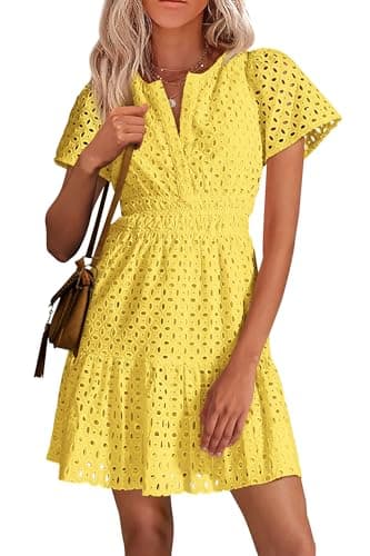 PRETTYGARDEN Womens 2025 Summer Short Dress V Neck Short Sleeve A Line Hollow Out Lace Ruffle Cute Casual Beach Party Dresses (Yellow,Large) - Image 1