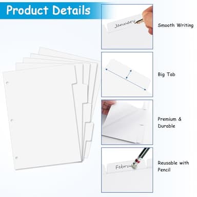 Binder Dividers for 3 Ring Binder, 1/5 Cut Tabs, Letter Size, Blank Write On Page Dividers with 5 Big Tabs for School Office Home, 4 Sets, 20 Dividers, White - Image 3