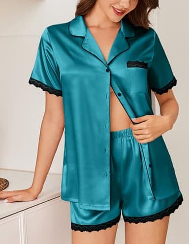 Ekouaer Womens Pajama Sets Short Sleeve Silk Pajamas Satin Button Down Pj Set Silk Pajamas Set Shorts,Large Blue Green - Image 3