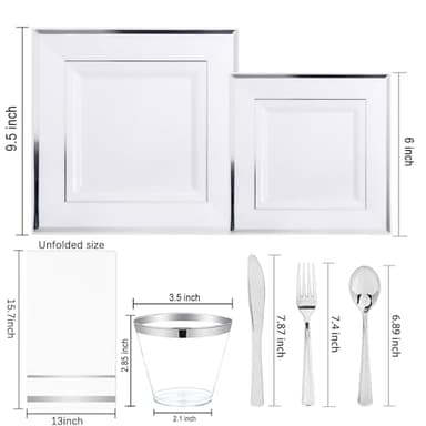 Festiva 350Pcs Silver Plates - Silver Square Plastic Plates 9 .5" and 6" - serve for 50 guests include 50 Cups 50Plastic Cutlery 50Hand Napkins Perfect for Party&Wedding&Birthday&Christmas - Image 3
