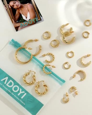 Adoyi Gold Hoop Earrings Set for Women Girls Trendy 14K Plated Gold Hoops Small Chunky Earrings Twisted Huggie Ear ring Pack Lightweight 9 Pairs Jewelry Set for Valentines Mother's Day Birthday Gifts - Image 9