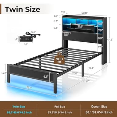 Rolanstar Twin Bed Frame with Headboard, LED Bed with Bookcase Storage and Charging Station, Metal Platform Bed with Glass Shelves, No Box Spring Needed, Noise-Free, Black - Image 2