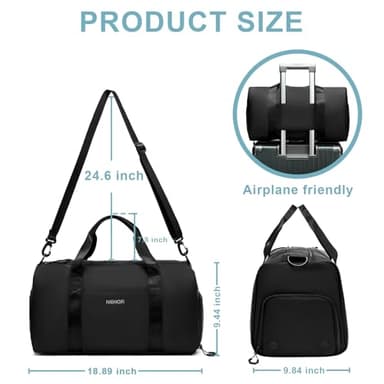 NEHOR Gym Bag for Women Men,Small WeekenderTravel Duffle Bag with Shoes Compartment & Wet Pocket,Water Resistant Sports Bag for Travel, Gym, Swimming, Yoga, Black - Image 3