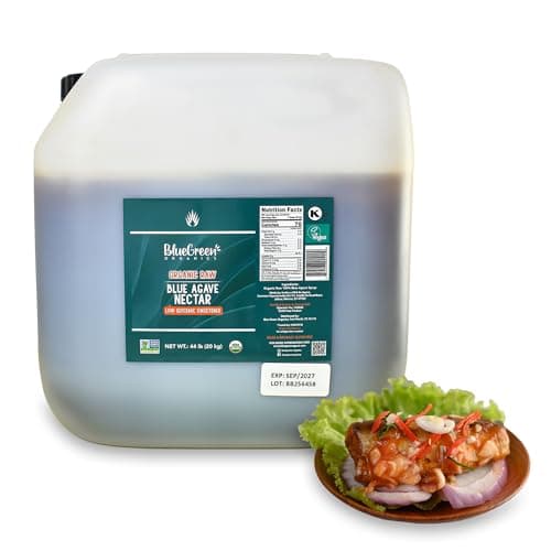 BLUE GREEN ORGANICS, Agave syrup, Agave, Gluten Free, Organic, Sweetener, cakes, coffees, pancakes or any baked good, For restaurants, Sugar substitute Raw, 44 lb, 4 gallon - Image 1