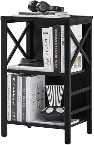 MNEETRUNG Small Bookshelf,3 Tier Industrial Bookcase with Metal Frame and Backboard,Low Black Book Shelf,Book case for Small Spaces,Living Room,Bedroom and Home Office - Image 1