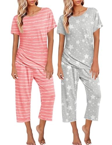 Ekouaer 2 Pack: Womens Pajamas Short Sleeve Sleepwear Tops and Capri Pants Pjs Print Pajama Sets Pink Stripe Grey Stars L - Image 1