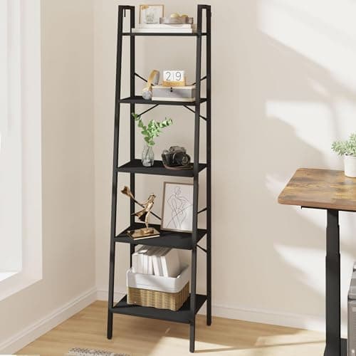 Hzuaneri Ladder Shelf, Bookshelf Bookcase, Freestanding Corner Storage Shelve with 2 Hooks for Home Office, Living Room, Kitchen, Bedroom, Industrial, 5-Tier Black BC19204B - Image 1