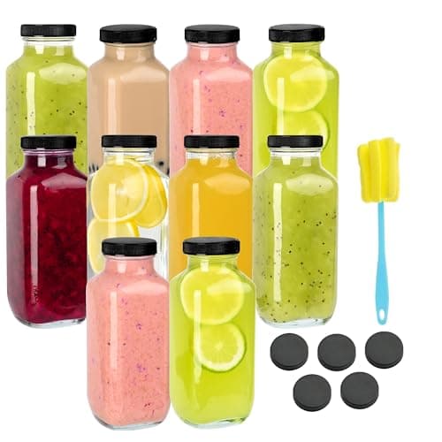 10 Pack 16oz Glass Juice Bottles with Lids - Reusable Juicing Bottles Glass Drinking Jars Containers with Airtight Lids & Cleaning Brush - Perfect for Juicing,Milk,Kombucha, and Storage - Image 1