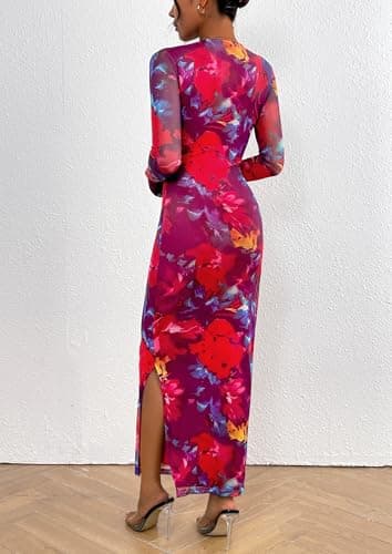 PRETTYGARDEN Women's Bodycon Maxi Dress Fall Spring Fashion Long Sleeve Floral Print Tight Fitted Party Club Ruched Dresses (Navy Red Big Floral,Medium) - Image 2