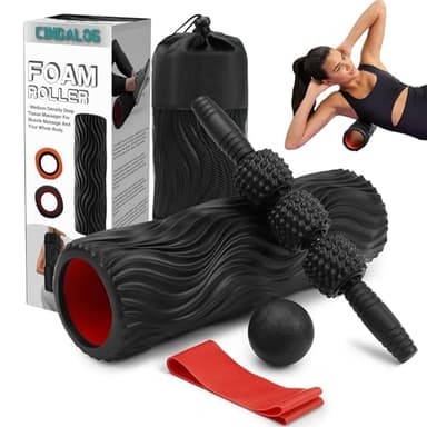 5 in 1 Foam Roller Set - Trigger Point Foam Back Roller, Muscle Roller Stick, Massage Ball, Stretching Band for Deep Muscle Massage Pilates Yoga,Fitness Exercise for Whole Body Release (Black) - Image 1