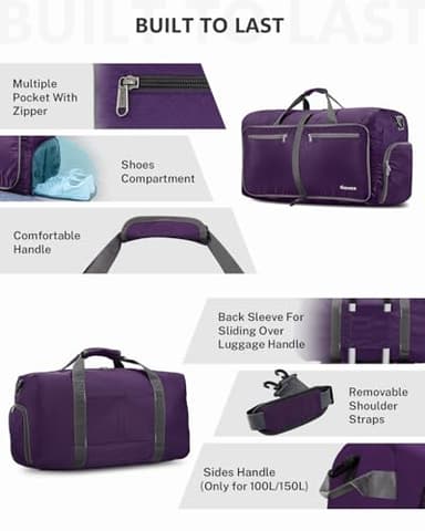 Gonex 80L Packable Travel Duffle Bag Foldable Duffel Bags for Luggage Gym Sports Camping Travelling Cycling Storage Shopping Water & Tear Resistant Purple - Image 6
