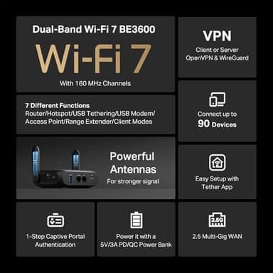 TP-Link BE3600 Wi-Fi 7 Portable Travel Router TL-WR3602BE | Dual-Band, 2.5 Gig Port, USB 3.0 | Multi-Modes in One | OpenVPN, WireGuard® | Public WiFi Sharing for Hotel/Cruise/RV/Plane | No 6 GHz - Image 2
