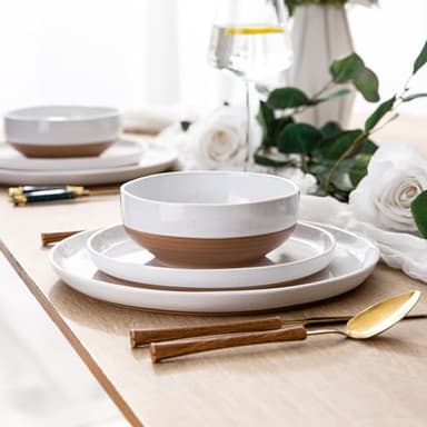 AmorArc 32 Pieces Ceramic Dinnerware Sets for 8, Handpainted Plates and Bowls Set with Rustic Terracotta Underside, Scratch Resistant Stoneware Dishes Set, Dishwasher & Microwave Safe, White - Image 6