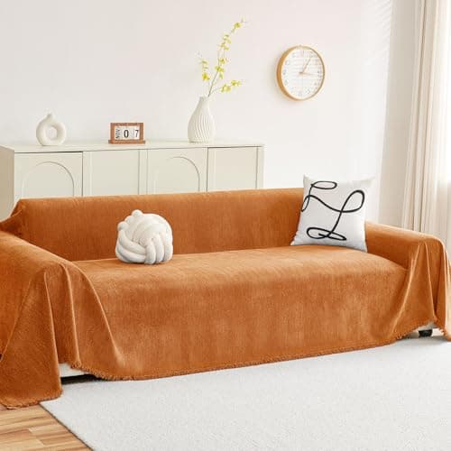 hyha Couch Cover for Dogs, Boho Sofa Covers for 3 Cushion Couch Washable, Chenille Sofa Slipcover for Pets, Soft Loveseat Sectional Couch Throw Blankets with Tassels (Orange, 88.5x150 Inch) - Image 1