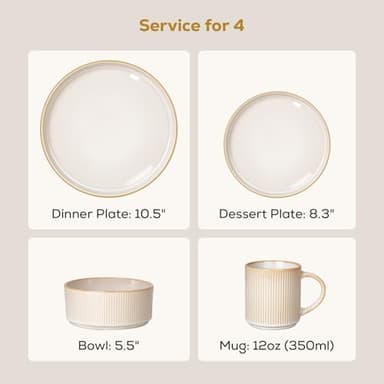 Romswi Dinnerware Set for 4, 16Pcs Stoneware Plates and Bowls Sets with Mugs, Chip & Scratch Resistant Dish Set, Handmade Reactive Glaze Plate Set, Oven,Microwave and Dishwasher Safe, Cappuccino White - Image 9