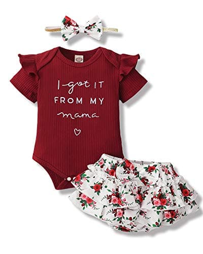 Mioglrie Newborn Baby Girl Clothes Romper Shorts Set Summer Clothes Floral Infant Girl Clothes Ruffle Clothing Wine Red Baby Girl Clothes 3-6 Months - Image 1