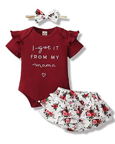 Mioglrie Newborn Baby Girl Clothes Romper Shorts Set Summer Clothes Floral Infant Girl Clothes Ruffle Clothing Wine Red Baby Girl Clothes 3-6 Months - Image 1