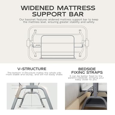 BabyBond Baby Bassinet, 3 in 1 Bassinet Bedside Sleeper with Washable Soft Mattress and Sheet, 6 Height Adjustable Bedside Crib, 4-Sided Mesh Bedside Bassinet for Baby - Image 7