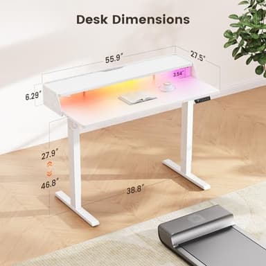 ErGear Standing Desk with LED Strip, 55″ x 28″ Electric Height Adjustable RGB Gaming Table with Shelf, Sit Stand Desk with Dual Cable Holes, C-Clamp Mount Compatible, 4 Preset Heights, White - Image 2