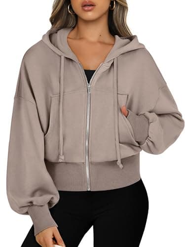 ANRABESS Womens Zip Up Hoodies Cropped Sweatshirts Casual Comfy Cute Zip Jackets Fashion Trendy Fall Outfits 2025 Y2K Clothes Khaki Small - Image 1