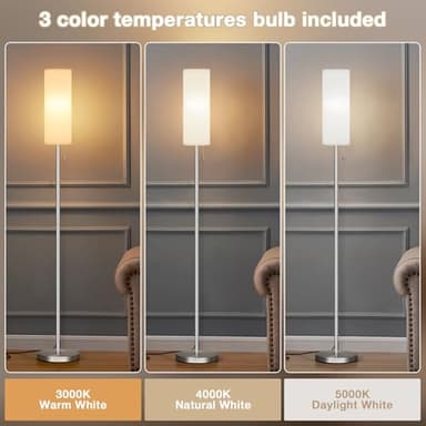 Ambimall Floor Lamp for Living Room with 3 Color Temperatures Bulb, 64" Standing lamp with Linen lampshade for Bedroom, Minimalist Pole Lamp, White Shade & Silver Pole - Image 3