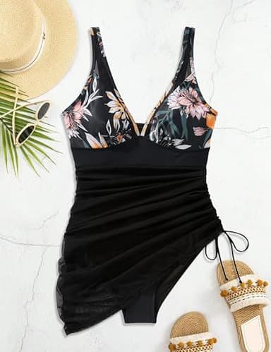 SUUKSESS Women Sexy Mesh One Piece Swim Dress Slimming Tummy Control Swimsuit Push Up High Waisted Bathing Suit (Tropical Yellow Floral Black,XL) - Image 6