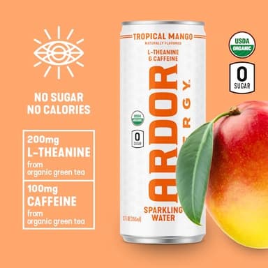 ARDOR ENERGY Sparkling Water with 100mg Natural Caffeine & 200mg L-Theanine from Organic Green Tea for Smooth Energy & Focus | Healthy Energy Drink | No Sugar, Zero Calories, Vegan, Gluten-Free | Tropical Mango (Pack of 12, 12oz cans) - Image 3