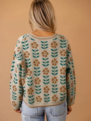 Saodimallsu Womens Floral Print V Neck Cardigan Open Front Button Down Knit Sweater Long Sleeve Loose Fashion Tops Apricot - Image 3