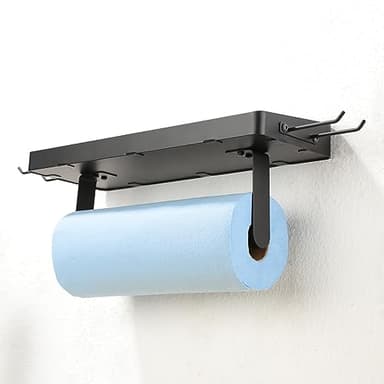 ZUNTO Garage Paper Towel Holder with Shelf, Black Stainless Steel Paper Towel Rack with Hooks, Wall Mount Paper Towel Holder for Kitchen, Garage Organization and Storage - Image 5