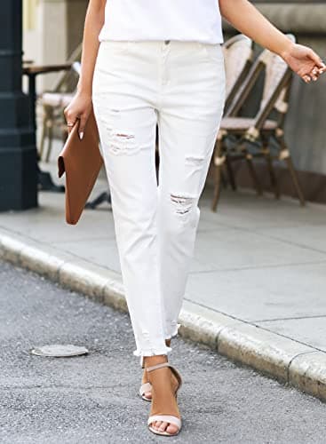 EVALESS White Womens Jeans Stretch Boyfriend Ripped Distressed Frayed Raw Straight Ankle Hem Denim Pants Tummy Control Size 10 - Image 3