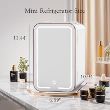YLFU Skincare Fridge, 6L/10 Can Mini Fridge for Bedroom with Dimmable LED Mirror, Portable Cooler & Warmer Small Compact Refrigerator for Skincare, Cosmetics, Bedroom and Office, White - Image 6