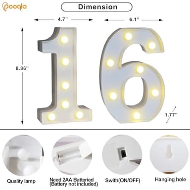 Pooqla Decorative Led Light Up Number Letters, White Plastic Marquee Number Lights Sign 16th Birthday Decorations for Girls Boys Party Wedding Decor Battery Operated Number (16) - Image 4