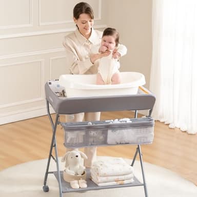 Baby Changing Table with Wheels, Maydolly Portable Adjustable Height Folding Diaper Station with Nursery Organizer & Storage Rack for Newborn Baby and Infant (Light Grey) - Image 3