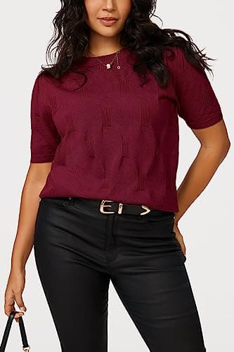 Arach&Cloz Womens Summer Fall Tops 2025 Fashion Short Sleeve Sweater Crew Neck Dressy Teacher Blouse Valentines Wine Burgundy - Image 4
