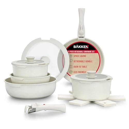 Bakken 15-Piece Non-Stick Cookware Set with Detachable Handles – Granite Stackable Pots and Pans Set, Dishwasher Safe, Oven-Safe, and Compatible Kitchen Essential for All Stoves – Cream - Image 1
