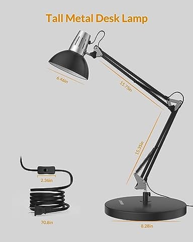 LEPOWER Metal Desk Lamp, Adjustable Goose Neck Architect Table Lamp with On/Off Switch, Swing Arm Desk Lamp with Clamp, Eye-Caring Reading Lamp for Bedroom, Study Room &Office (Black) - Image 8