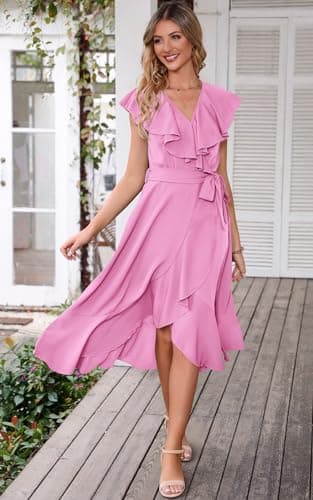 PRETTYGARDEN Women's 2025 Summer Cross Maxi Dress Casual Boho Deep V Neck Short Sleeve Ruffle Hem Split Beach Long Dresses (Bright Pink,Large) - Image 7