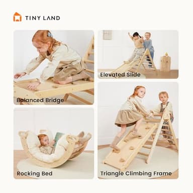 Tiny Land Pikler Triangle Set, 7-in-1 Foldable Pikler Triangle Climbing Toys Set for Kids,Baby Indoor Playground Jungle Gym, Wooden Montessori Climbing Set for Toddler (Natural) - Image 4