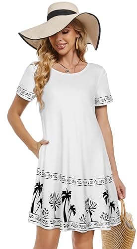Sun Dresses for Women Casual Summer Pockets Short Sleeve Dress Scoop Neck Beach Cover Ups(White Tree, L) - Image 2