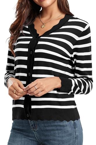 GRECERELLE Women's Long Sleeve Button Down Cardigan V-Neck Fall Shrug Sweaters,Black White Striped, Medium - Image 2