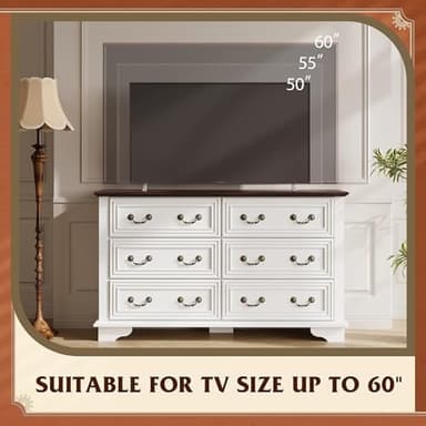 WLIVE Farmhouse Dresser for Bedroom, 51.97'' Wide Wood White Dresser with 6 Drawer, Chest of Drawers with Roman Metal Handle, TV Stand for 60 inch TV, for Living Room, Hallway - Image 6