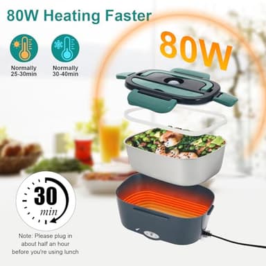 SOHIDA Electric Lunch Box Food Heater, 80W Portable Warmer for Car Truck Work with 304 Stainless Steel Container, 12V/24V/110V Green Heated Lunch Box Suitable for Ideal Driver/Work/Gift - Image 2