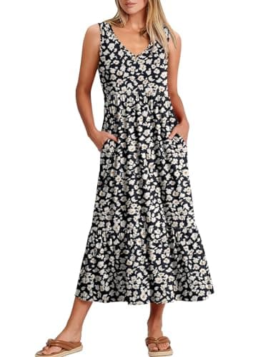 ANRABESS Womens Summer Maxi Dresses Fit & Flare Flowy V Neck Sleeveless Swing Casual Tiered Beach Sundress with Pockets Black with Floral White Large - Image 1