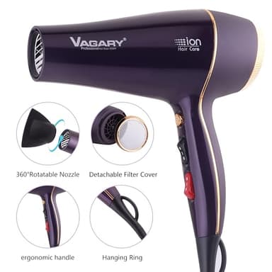 VAGARY 6690A Salon Pro Hair Dryer for Women,2200w Powerful AC Motor Fast Drying, Ionic Blow Dryer for Thick Hair,2 Speeds and 2 Heat Settings 1 Cool Shot Button(1 Diffuser and 1Concentrator) - Image 5