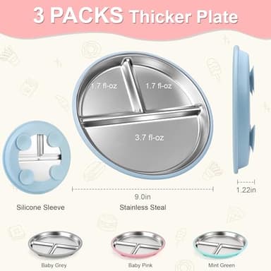 Bella's Friends Stainless Steel Kids Plates Suction Plate for Baby,Toddler Plates Non-Toxic Divided,Food-Grade Silicone Baby Plates,Dishwasher Safe,3 Packs,Grey Mint Green Pink - Image 4