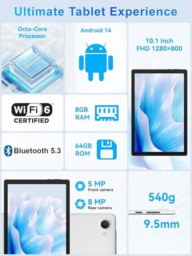 Tablet, Android Tablets with Octa-Core Processor, 10 inch Tablet with HD LCD Touch Screen, 8GB RAM 64GB ROM 1T Expand, Wi-Fi 6, BT 5.3, Dual Camera, Long Life Battery, Google Tablets 2024 - Image 2