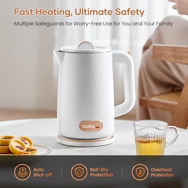 OLEGA Electric Kettle - 1500W Electric Tea Kettle 1.8L Stainless Steel Inner Electric Kettles for Boiling Water Auto Shut Off Boil-Dry Protection Electric Water Kettle for Coffee Tea White - Image 3