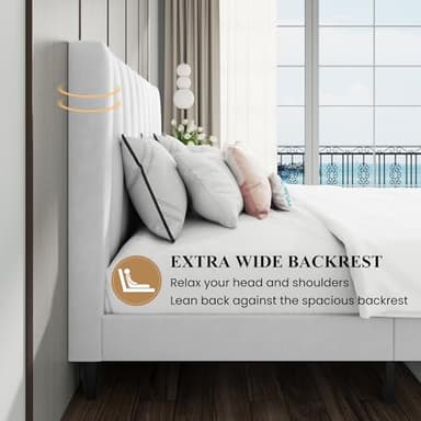 SHA CERLIN Queen Bed Frame/Velvet Upholstered Platform Bed Frame with Headboard/Strong Wood Slats Support/Mattress Foundation/No Box Spring Needed/Easy Assembly/White - Image 5