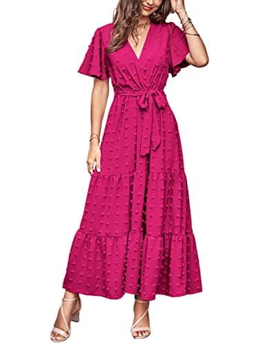 MASCOMODA Womens Swiss Dot Maxi Spring Wedding Guest Dress 2025 Casual Wrap V Neck Flutter Sleeve Long Flowy Party Dresses(Rose Red,Medium) - Image 1