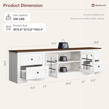 oneinmil 70" Modern TV Stands for for Living Room, Wood Entertainment Center with 4 Large Drawers, TV Console with Glass Door Storage Cabinet, TV Stand for TVs up to 75", White - Image 2